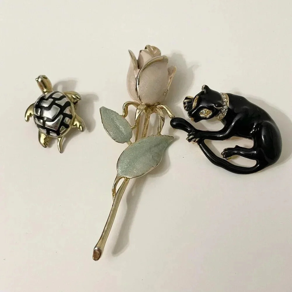Lot of 3 Vintage Brooches Black Panther Cat Turtle Rose Flower Brooch